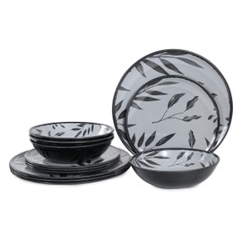 Lechoo 12pcs Melamine Dinnerware Set - Service for 4 Melamine Plates and Bowls Set, Unbreakable Dinner Salad Dessert Plate, Cereal Bowl Set for Indoor/Outdoor, Gray Leaf