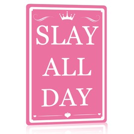Cute Room Decor For Teen Girls Bedroom Aesthetic Slay All Day Sign Preppy Stuff Funny Posters Pink Room Signs Coquette Decor Girl Dorm Room Wall Decor Cute Things For Teens Girls Trendy Stuff Metal Tin Signs