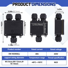 Kittmip 2 Pcs Waterproof Junction Box Ip68 Outdoor 3 Way Plug Line M25 Plastic Wire External Electrical Junction Box Outdoor Cable Connector for Diameter Cable φ 5-9mm, φ 9-12mm, φ 10-14mm