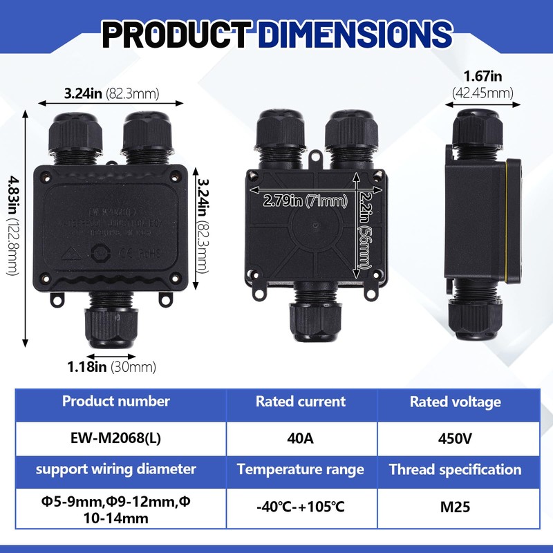 Kittmip 2 Pcs Waterproof Junction Box Ip68 Outdoor 3 Way