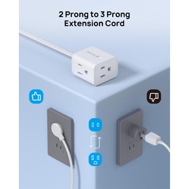 TROND Indoor 2 Prong to 3 Prong Extension Cord - Polarized Flat Plug Three Outlet Extension 3ft, 16 Gauge Cable, 1625W for Non-Ground Socket in Old House School Home Office Kitchen Travel, White