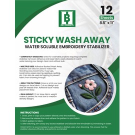 Sticky Wash Away - Water Soluble Machine Stabilizer 12 PCS 8.5"x11" for Machine and Hand Embroidery, Quilting, Free Standing Lace, Bookmarks, Printable by H.B.I. Products