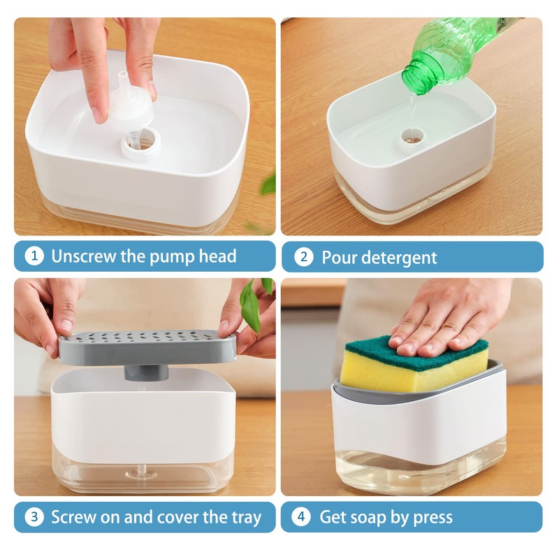 RUFCRIL Soap Pump Dispenser and Sponge Holder, 12 Ounces /