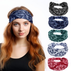 5 Styles Boho Headbands for Women Vintage Bandana Headbands Knotted Thick Headband Elastic Bohos Women's Wide Headband Non Slip Hairband for Workout Yoga Running Pack of 5 (Bohemian Style)