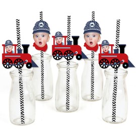 Big Dot of Happiness Custom Photo Railroad Party Crossing - Steam Train Birthday Party or Baby Shower Fun Face Paper Straw Decor - Set of 24