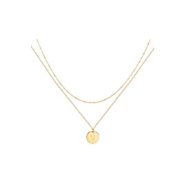 Frodete Gold Initial Necklace for Women,Dainty Layered Necklaces Beaded Choker Chain Round Letter Pendant Necklace for Teen Girls (V)