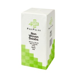 Posi Pulse 10cm x 10cm, 200ct Non-Sterile Gauze Swabs - 4 Ply Non-Woven Blend of Soft Strong Smooth Viscose/Polyester, 30g, Latex Free, CE Certified, White for Wound Dressing, Cleaning, Absorption