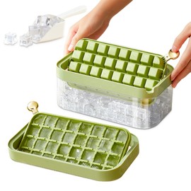 Stackable Ice Cube Tray Set with Lid & Bin, Ice Trays for Freezer –1S release all the ice cubes, Reusable silicone ice cube trays with lid for Drinks and Cocktails (Green)