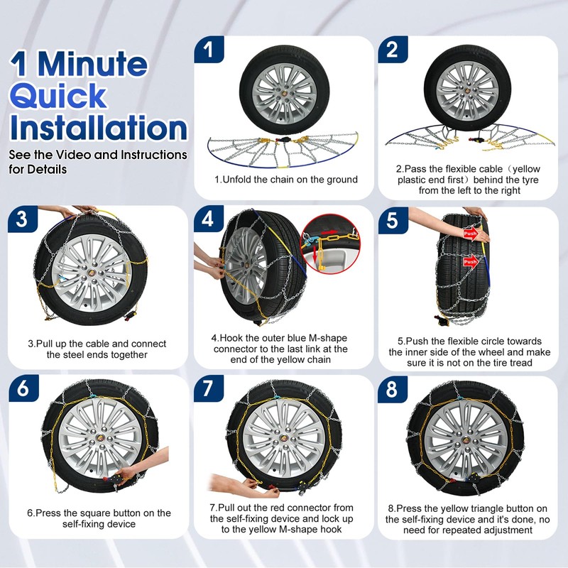 Auto-Fixing Snow Chains, 1 Min Quick Fit Easy Installation Tire-Chains,