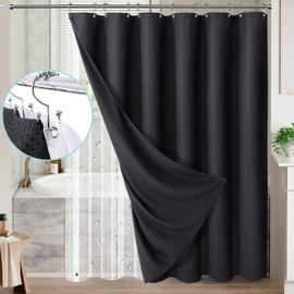 Vipfree 3 in 1 Shower Curtain Set, Waffle Shower Curtain and Liner Set with 12 Double Sided Shower Curtain Hooks, 258GSM Luxury Weighted Cloth Shower Curtains for Bathroom, 72 W x 72 H, Black