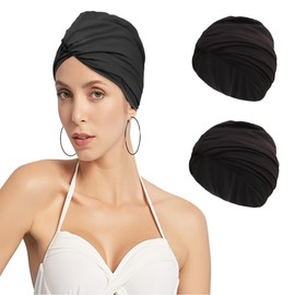 2 PCS Pleated Swim Cap Ladies Swimming Hat Women Long Hair Swim Cap Bathing Cap Ears Protection Cap Swim Hat Super Elastic Swimming Cap Surfing Cap Turban Shower Cap for Long Hair Short Hair