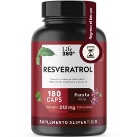 LIFE 360+ Resveratrol | 180 Cápsulas | Antioxidante de 1,024 mg por porción | Resveratrol, Astaxantina, Vitamina C y Celulosa | Suplementos Alimenticios | 90 Porciones por Envase | Sin Colorantes Añadidos