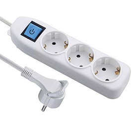 Electraline 62410, 3-Way Power Strip with Switch, Cable 1.5 m / Multiple Socket / Table Socket Power Strip, White, 1.5 m with Extra Flat, Space-Saving Plug