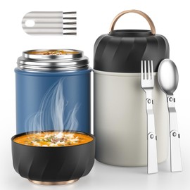 Geltais 2Pcs Thermo Food Flask, Double Walled Vacuum Soup Flask, Insulated Lunch Container with Foldable Fork and Spoon Leak Proof Food Flasks for Taking Homemade Soup for Work/Camping/Road Trips