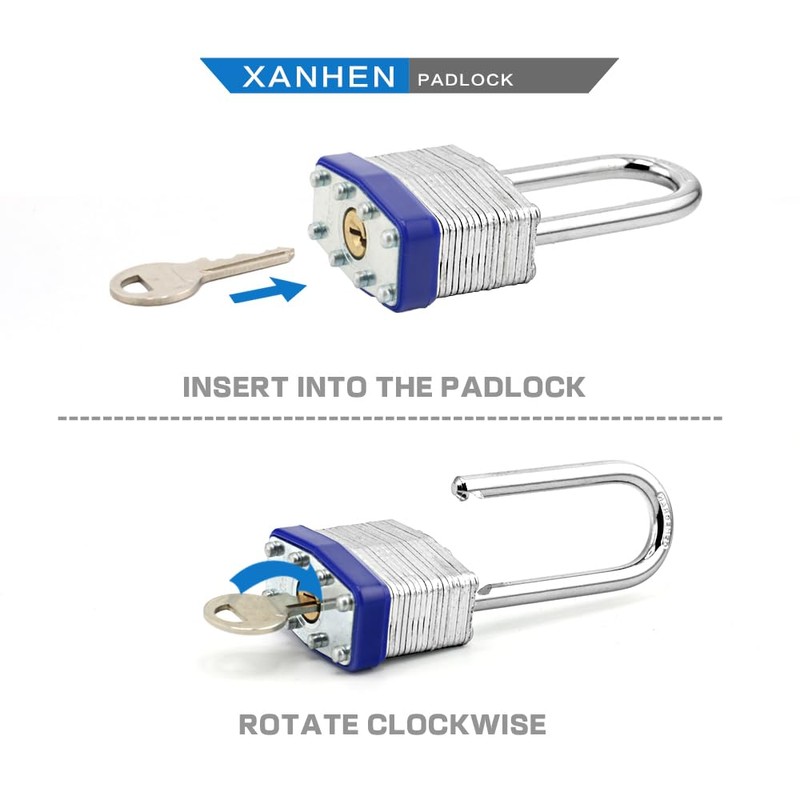 XanHen Laminated Steel Padlocks, 24 Pack, Blue, Keyed Alike, Long