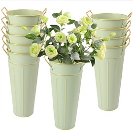 Biugaaufai 10 PCS 9 Inch Tall Galvanized Flower Buckets, Metal Flower Vase, Rustic Farmhouse French Flower Buckets with Handles for Wedding, Home Décor(Green)
