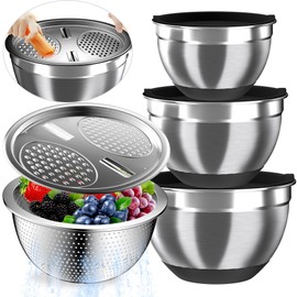 Nicdiet Mixing Bowls with Airtight Lids, Stainless Steel Mixing Bowl Set with 3 Metal Nesting Bowls, Colander & Grater, Non-Slip Bottoms, Size 1.5, 2.5, 5 QT, Great for Mixing & Serving, Black