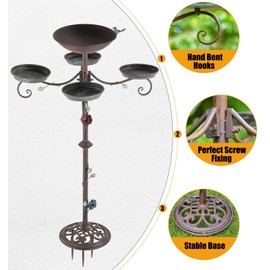 CaliDecor 46”H Bird Bath and Feeder for Outdoors - Metal 5-in-1 Freestanding Bird Feeder for Outside, Cast Iron Pedestal 3 Prong Stake for Garden Patio Yard