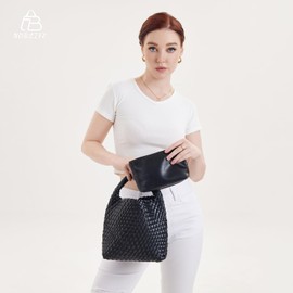Woven Purses Bag for Women, Vegan Leather Handwoven Bags with Mini Handmade Purse, SMALL Travel Beach Top Handle Handbags, Black, Small