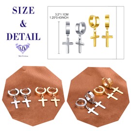 MicVivien Women's Men's Stainless Steel Hoop Earrings with Cross Pendant Earrings Hoop Earrings Set for Women Girls Men Boys Women Teenagers, Stainless Steel