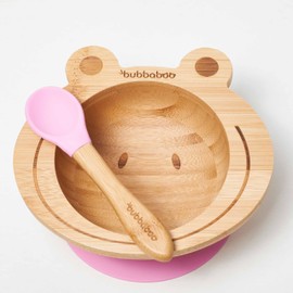 Bubba Boo Bamboo Bowl and Spoon Set Baby Suction Bowl Frog Design (Pink)
