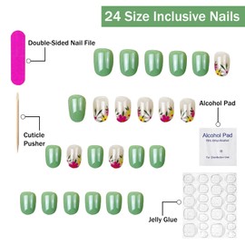 Green Press on Nails Short Oval SWEKKE Flower Fake Nails Cute Nails False Nails with Floral Daisy Designs Full Cover Glossy Glue on Nails Spring Summer Acrylic Nails for Women Girls 24 Pcs