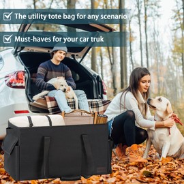 DSDCDJ Standing Utility Tote Bag with 3 Pockets, Extra Large Utility Tote Bag with Hard Bottom Board and All Sides Rinforced, Foldable Large Tote Bag with Handles, Beach Bag, Car Tote