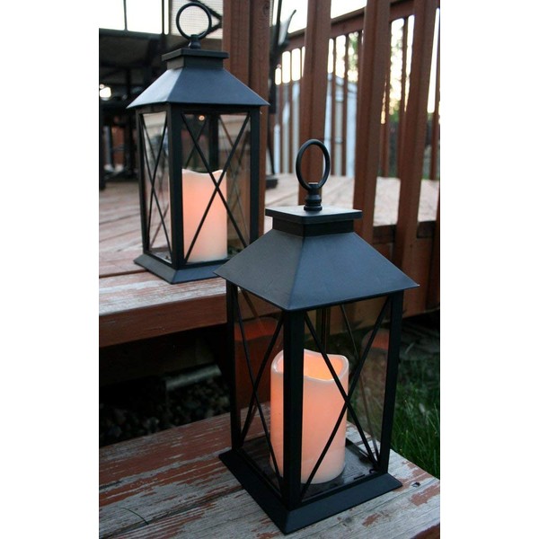 Black Decorative LED Lantern with Cross Bar Design - Pillar