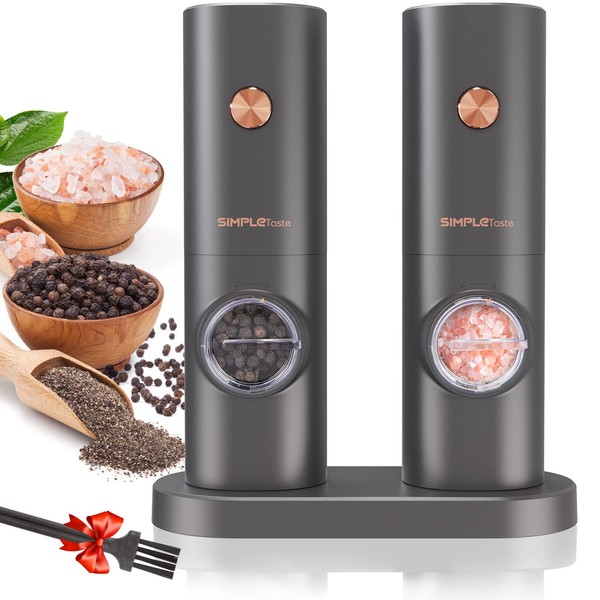 SIMPLETASTE Electric Salt and Pepper Grinder Set, One-Handed, Battery Powered, Adjustable Coarseness, LED Light, Pepper mills with stand, Seasoning Tools for Kitchen, Dining or Gifting