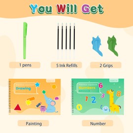 Large Grooved Handwriting Practice with Pencil Grips for Kids, 2 Pack 10.5 x 7 in Reusable Children's Magic Copybooks Children Tracing Books Ages 3-8 for Preschool Kindergarten Learning Activities