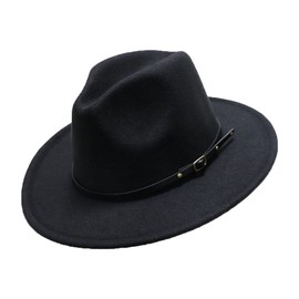 Girls Felt-Fedora-Hat Classic Wide Brim Belt-Buckle Panama Hat for Kids 7-15 Years (Black, 6-12 Years)