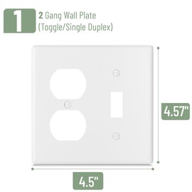 Bates- 2-Gang Combination Wall Plate, 4.57"x 4.50"/Standard Size, White, Toggle Light Switch/Duplex Receptacle Outlet, 2 Gang Wall Plate for Electrical Outlets, Double Outlet Cover Plate