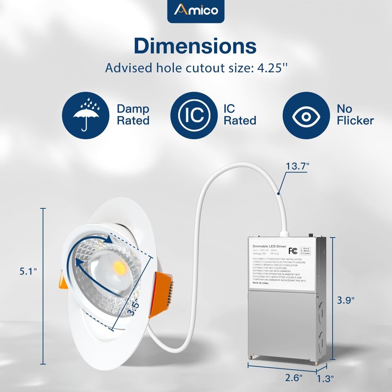 Amico 6 Pack 4 Inch 5CCT Gimbal LED Recessed Lighting,