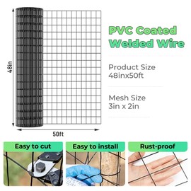 Garden Fence Black PVC Coated Welded Wire Fencing 48 Inch x 50 Foot, 2 Inch x 3 Inch 16GA, Garden Border Fencing Roll Vinyl Coating Metal Wire Mesh for Yard Vegetable Plant Protection Poultry Netting