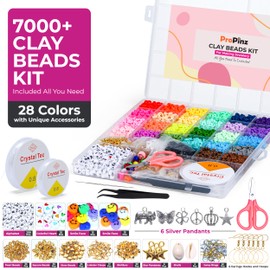 7000pcs Clay Beads Bracelet Making kit by ProPinz™, 28 Colors Round Polymer Heishi Clay Beads Set with Charms and Essential Accessories, for Bracelet Necklace Earring DIY with Letter Beads for Kids