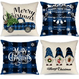 Artmag Christmas Pillow Covers 18x18 Blue Decorative Outdoor Farmhouse Merry Christmas Deer Buffalo Plaid Truck Gnomes Christmas Pillow Shams Cases Slipcovers for Couch Sofa Set of 4