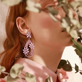 BriLove Women's Layer Crystal Rhinestone Drop Earrings Marquise Flower Chandelier Dangle for Wedding Party Prom Pink Gold-Tone