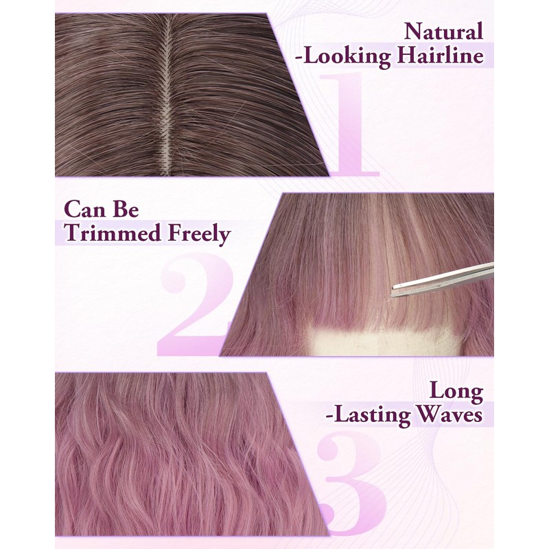 Purple Ombre Short Wavy Bob Wig with Bangs, 14 Inch
