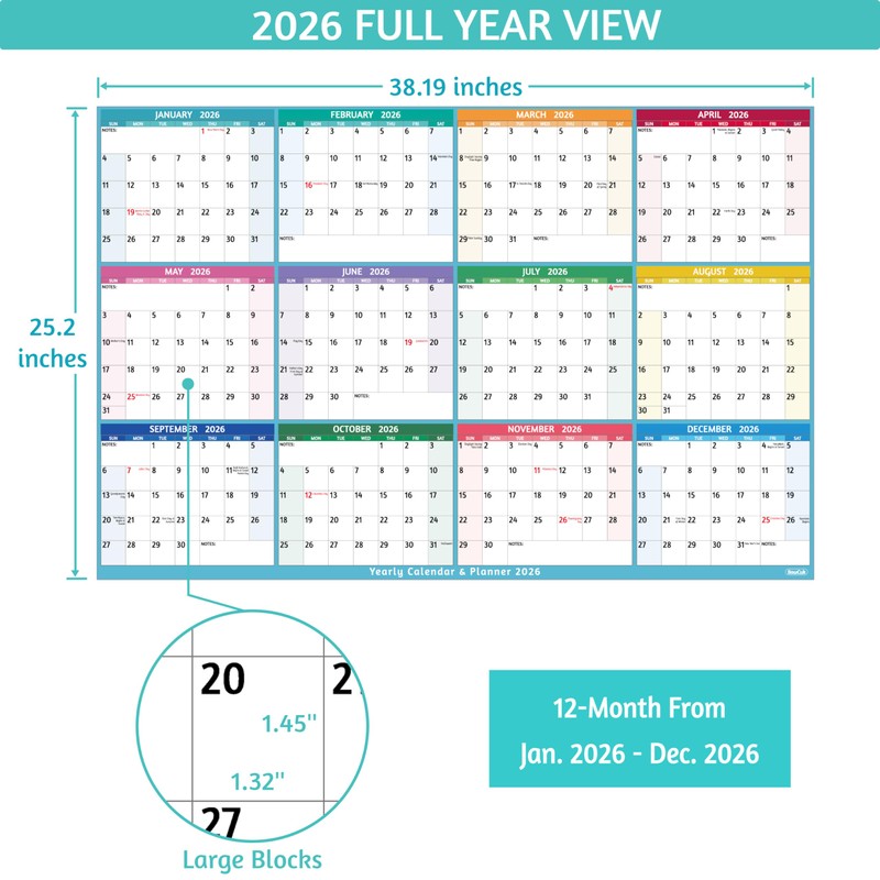 Yearly Wall Calendar 2026 - Large Yearly Calendar 2026, Jan