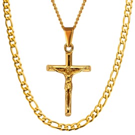 DVRK® Set of 2 men's gold chains with base made of 316L stainless steel - cross chain gold and gold chain men's Figaro 55 cm water and sweat resistant - crucifix, chains for men, 55 cm, Gold, 316L