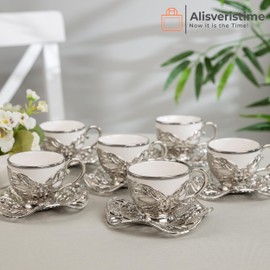 Alisveristime Turkish Coffee Set for Six, 6 White Porcelain Cups with Gilded, Zamac Holders and Saucers, Two Color Variations: Gold and Silver (Gilded-Design) (Silver)