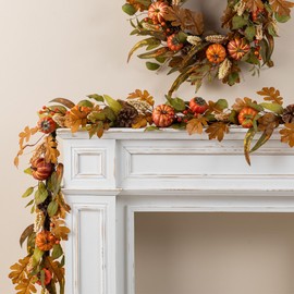 Glitzhome Fall Leaves Garland for Mantle, 6FT Fall Garland Decor with Pumpkin Leaf Floral, Autumn Foliage Garlands Harvest Thanksgiving Decorations for Home Outdoor Indoor Mantle Wedding Porch