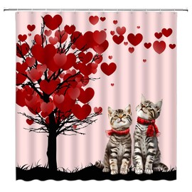 AEMBEE Valentine's Cat Shower Curtain Red Heart Rose Flower Funny Cat Romantic Sweetheart Couple Polyester Bathroom Curtains with Hooks,Pink Red Black
