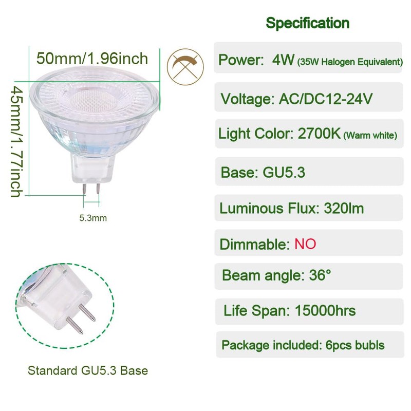 CIKAMIO MR16 12-24v Non-dimmable Low Voltage 4w cob led spot