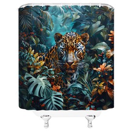 African Safari Leopard Shower Curtain Majestic Wildlife Green Rainforest Animal Tropical Palm Leaves Jungle Cheetah Man Bathroom Decor Fabric Curtains with Hook 70" X 70" Inch
