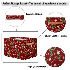 SinSenMa Red Candy Holly Leaf Cube Storage Baskets,Foldable Storage Box Bin,Waterproof Open Shelves Basket Clothing Organizer Toy Basket Gifts Empty for Bedroom Home Decor