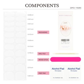 Semi Cured Gel Nail Strips Transparent Gel Nail Stickers with UV/LED Required Long Lasting Clear Semi Cured Gel Nail Strips Includes 22 Strips 2 Prep Pads, Nail File & Wooden Stick