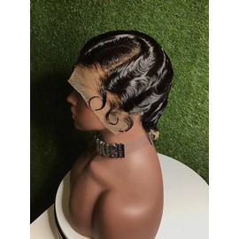 Short Black Bob Finger Wave Pixie Cut L part Lace Front Human Hair Wig For Women