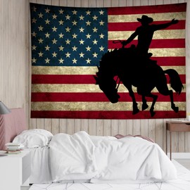 LB Western Cowboy Tapestry Vintage American Flag Tapestry for Bedroom Cool Man on Black Horse Tapestries Wall Hanging for Living Room College Dorm Wall Decor,60x40 inches