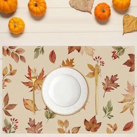 Bonhause Maple Leaves Fall Placemats Set of 4, Autumn Leaf Table Mats 30x45cm Washable Seasonal Thanksgiving Kitchen Dining Table Decoration For Indoor/Outdoor Home Party Decor